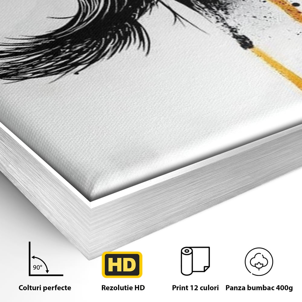 Detaliu al suprafetei: tablou canvas cu ochi stilizat, in rama de aluminiu argintiu